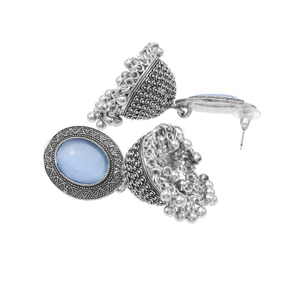 Oxidixed Antique Silver Plated CZ, Studded Medium Jhumki with Pearl Earring For Women (SJE_292_D3_BL)