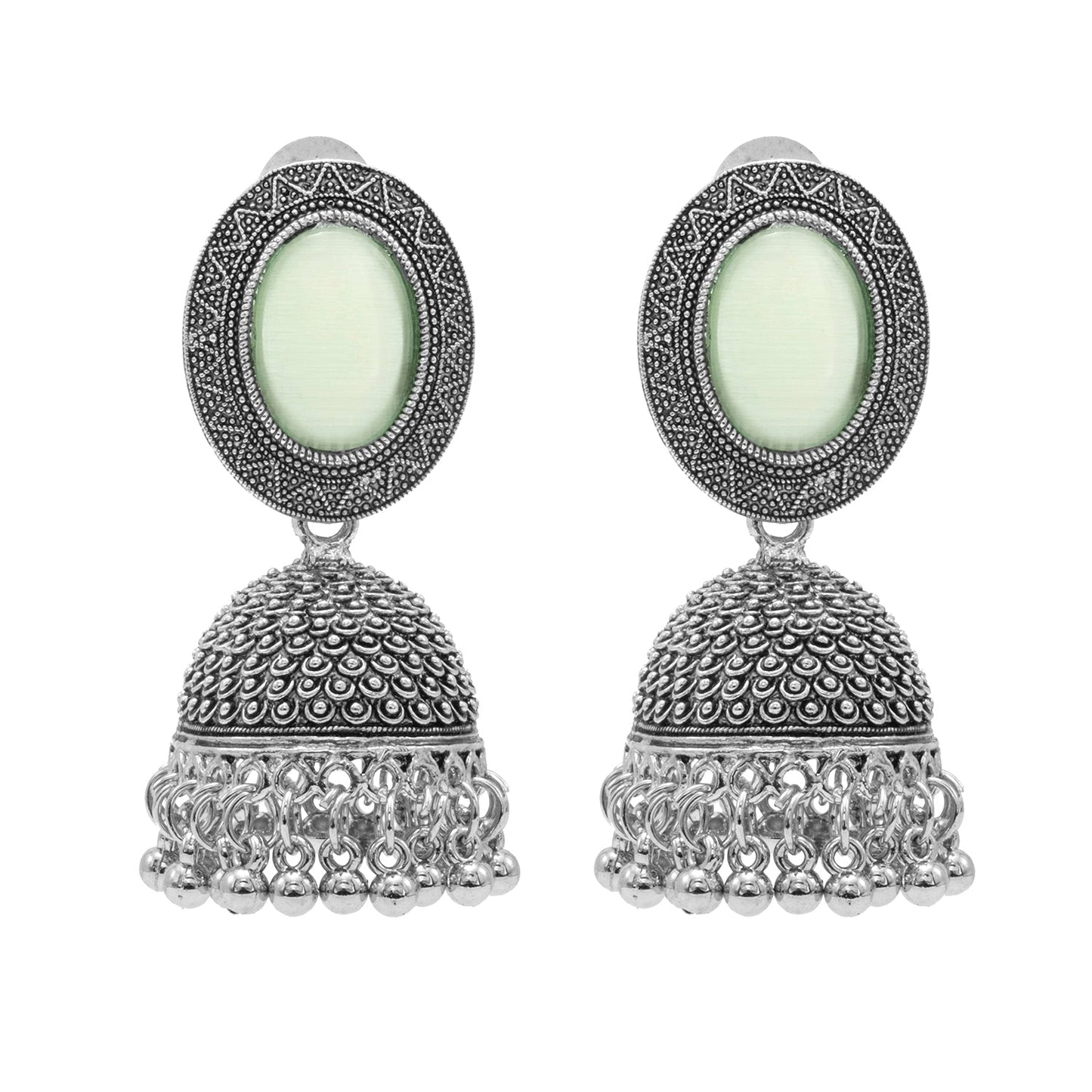Oxidixed Antique Silver Plated CZ, Studded Medium Jhumki with Pearl Earring For Women (SJE_292_D3_LG)
