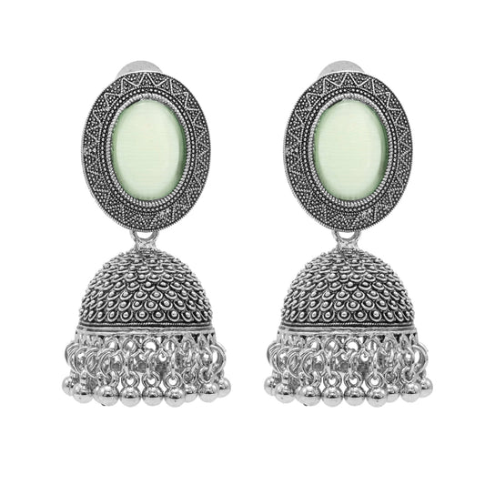 Oxidixed Antique Silver Plated CZ, Studded Medium Jhumki with Pearl Earring For Women (SJE_292_D3_LG)