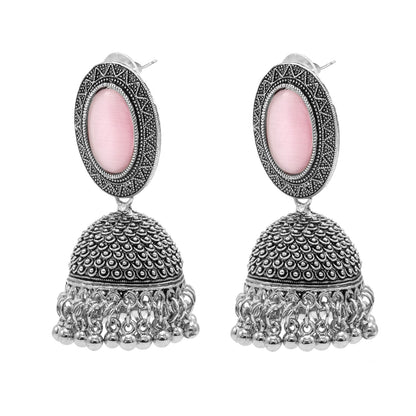 Oxidixed Antique Silver Plated CZ, Studded Medium Jhumki with Pearl Earring For Women (SJE_292_D3_LP)