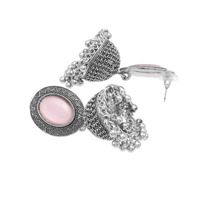 Oxidixed Antique Silver Plated CZ, Studded Medium Jhumki with Pearl Earring For Women (SJE_292_D3_LP)