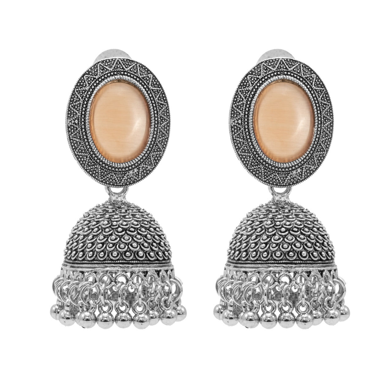 Oxidixed Antique Silver Plated CZ, Studded Medium Jhumki with Pearl Earring For Women (SJE_292_D3_PH)
