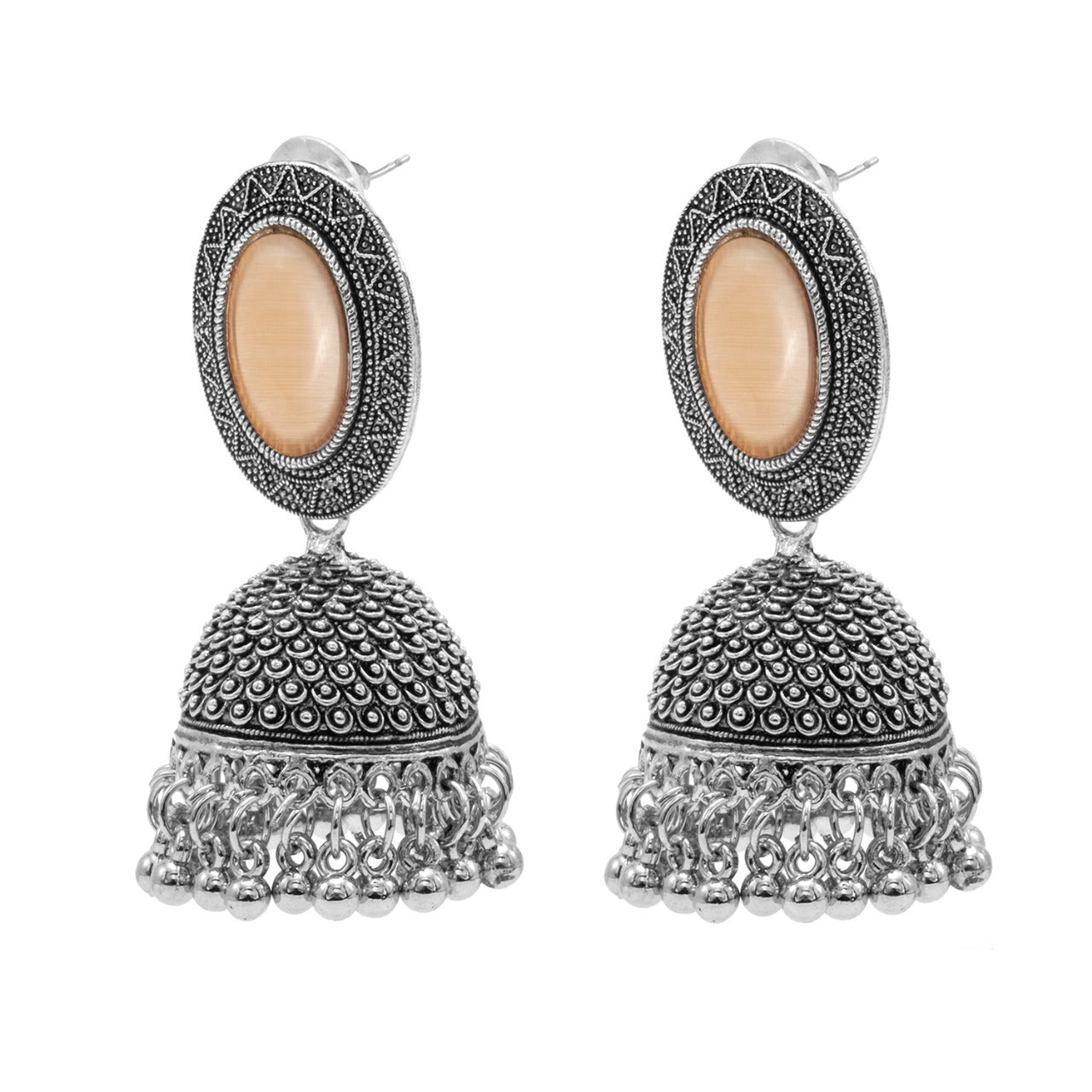 Oxidixed Antique Silver Plated CZ, Studded Medium Jhumki with Pearl Earring For Women (SJE_292_D3_PH)