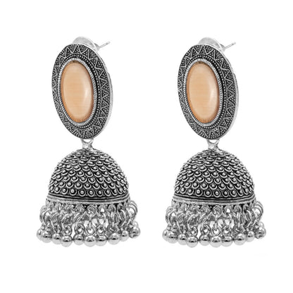 Oxidixed Antique Silver Plated CZ, Studded Medium Jhumki with Pearl Earring For Women (SJE_292_D3_PH)