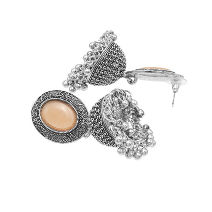 Oxidixed Antique Silver Plated CZ, Studded Medium Jhumki with Pearl Earring For Women (SJE_292_D3_PH)