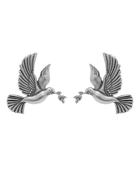 Antique Silver Plated Traditional Floral Bird Design with Pearls Drop Medium Earrings for Women (SJE_296)