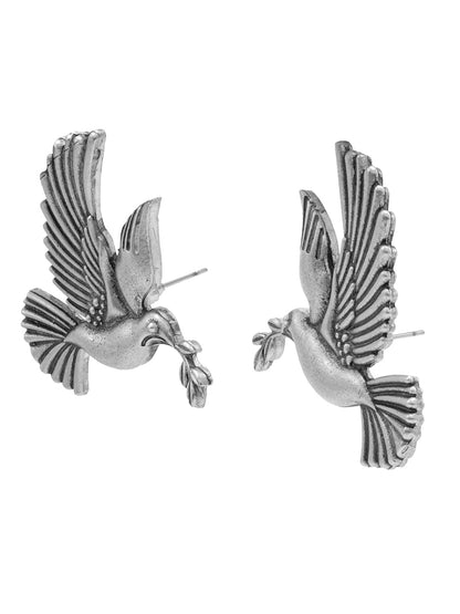 Antique Silver Plated Traditional Floral Bird Design with Pearls Drop Medium Earrings for Women (SJE_296)