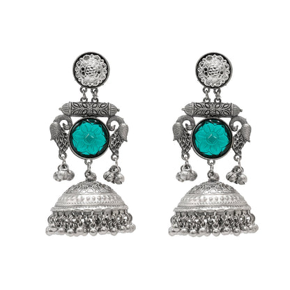 Traditional Indian Antique Oxidised Oxidized Silver CZ, Studded Drop Dangle Pearl Oversized Jhumka Jhumki Earrings for women (SJE_297_S_G)