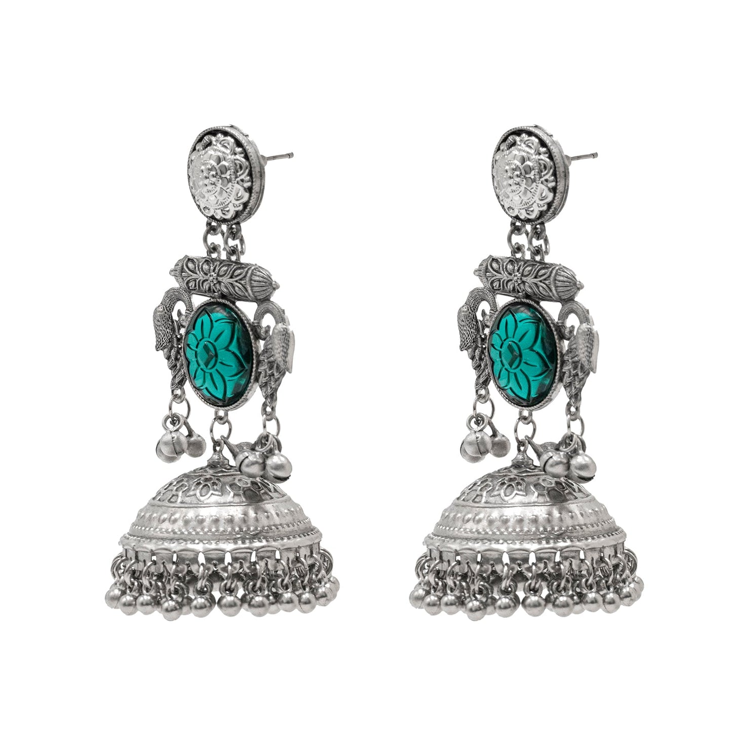 Traditional Indian Antique Oxidised Oxidized Silver CZ, Studded Drop Dangle Pearl Oversized Jhumka Jhumki Earrings for women (SJE_297_S_G)