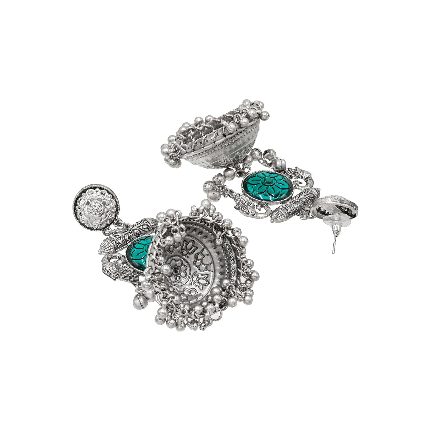Traditional Indian Antique Oxidised Oxidized Silver CZ, Studded Drop Dangle Pearl Oversized Jhumka Jhumki Earrings for women (SJE_297_S_G)