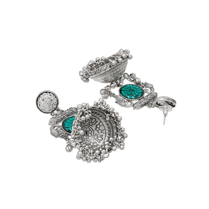 Traditional Indian Antique Oxidised Oxidized Silver CZ, Studded Drop Dangle Pearl Oversized Jhumka Jhumki Earrings for women (SJE_297_S_G)