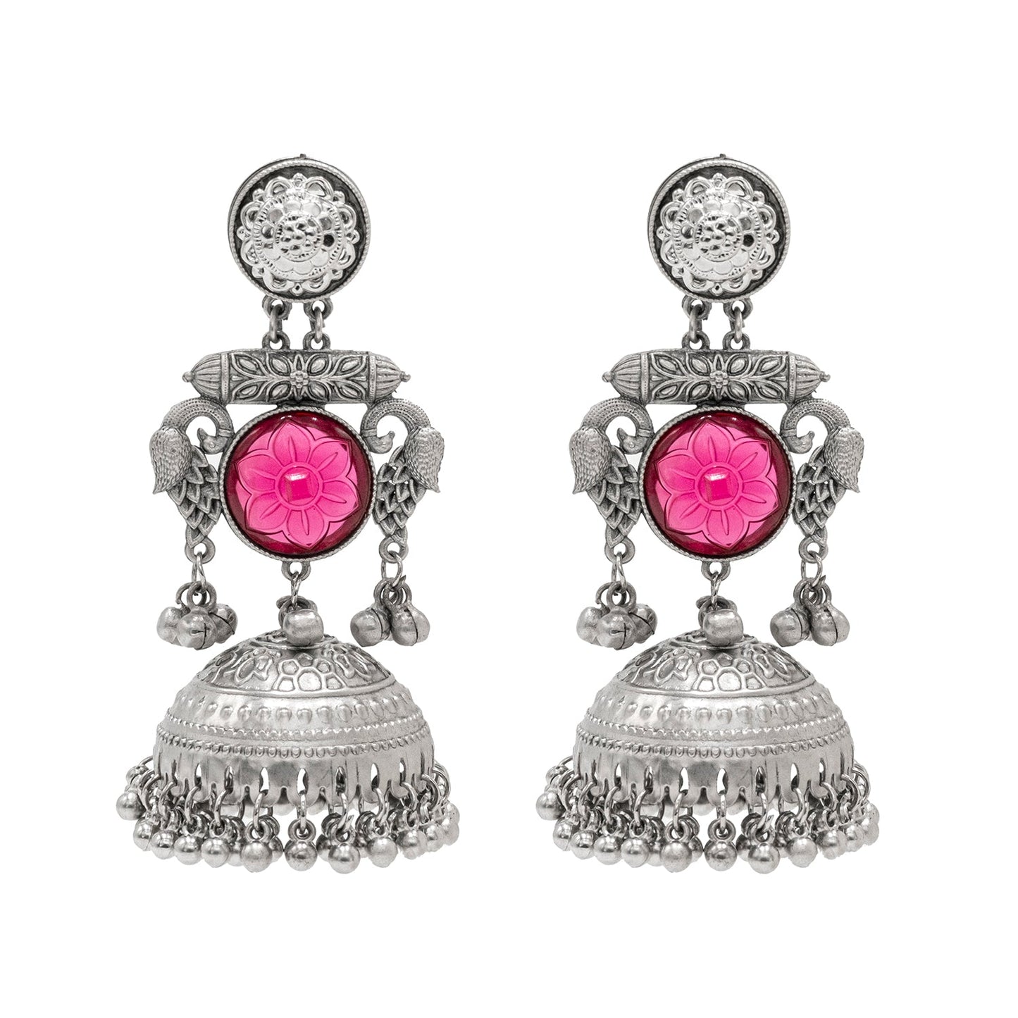Traditional Indian Antique Oxidised Oxidized Silver CZ, Studded Drop Dangle Pearl Oversized Jhumka Jhumki Earrings for women (SJE_297_S_M)