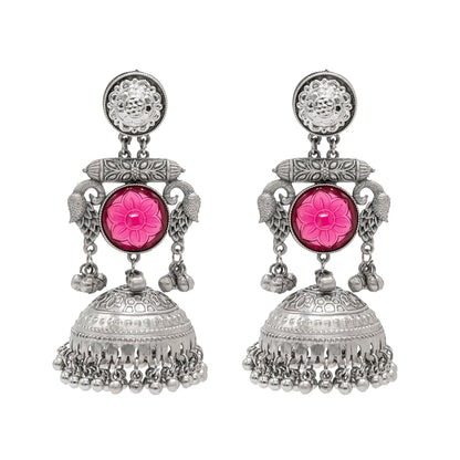 Traditional Indian Antique Oxidised Oxidized Silver CZ, Studded Drop Dangle Pearl Oversized Jhumka Jhumki Earrings for women (SJE_297_S_M)