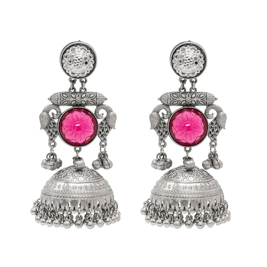 Traditional Indian Antique Oxidised Oxidized Silver CZ, Studded Drop Dangle Pearl Oversized Jhumka Jhumki Earrings for women (SJE_297_S_M)