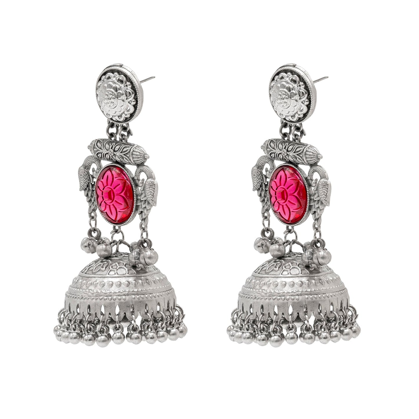Traditional Indian Antique Oxidised Oxidized Silver CZ, Studded Drop Dangle Pearl Oversized Jhumka Jhumki Earrings for women (SJE_297_S_M)