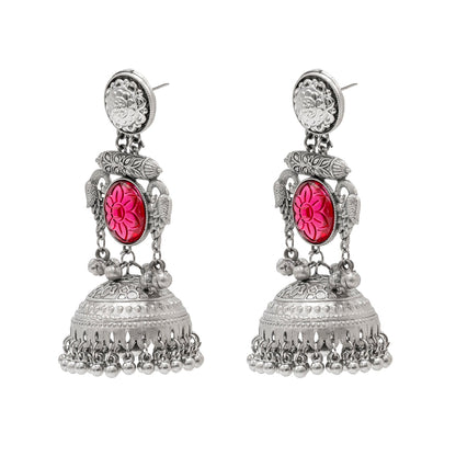 Traditional Indian Antique Oxidised Oxidized Silver CZ, Studded Drop Dangle Pearl Oversized Jhumka Jhumki Earrings for women (SJE_297_S_M)