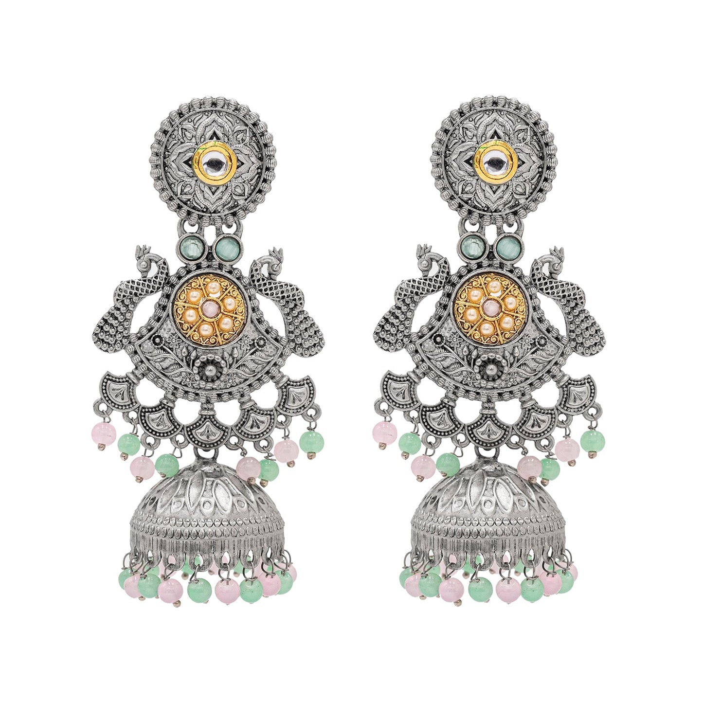 Traditional Indian Antique Oxidised Oxidized Silver CZ, Studded Drop Dangle Pearl Oversized Jhumka Jhumki Earrings for women (SJE_298_S_PG)