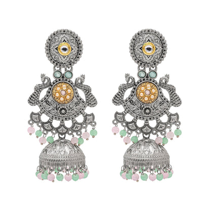 Traditional Indian Antique Oxidised Oxidized Silver CZ, Studded Drop Dangle Pearl Oversized Jhumka Jhumki Earrings for women (SJE_298_S_PG)