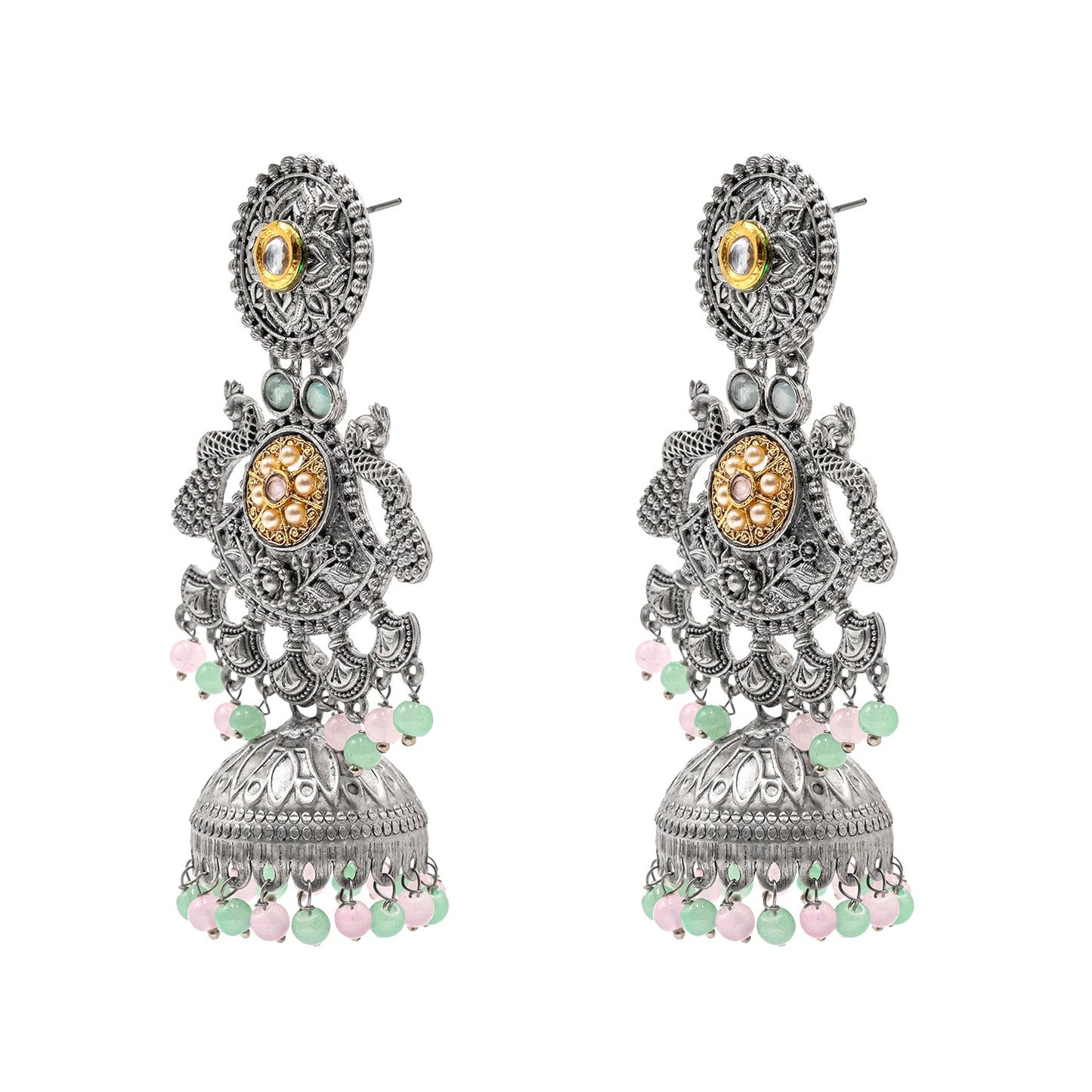 Traditional Indian Antique Oxidised Oxidized Silver CZ, Studded Drop Dangle Pearl Oversized Jhumka Jhumki Earrings for women (SJE_298_S_PG)
