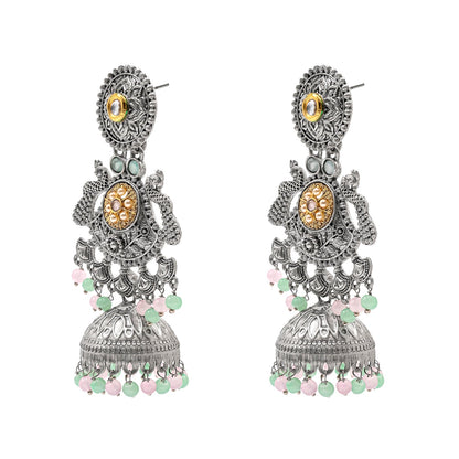 Traditional Indian Antique Oxidised Oxidized Silver CZ, Studded Drop Dangle Pearl Oversized Jhumka Jhumki Earrings for women (SJE_298_S_PG)