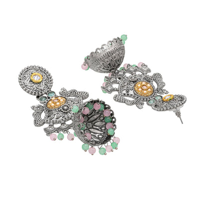Traditional Indian Antique Oxidised Oxidized Silver CZ, Studded Drop Dangle Pearl Oversized Jhumka Jhumki Earrings for women (SJE_298_S_PG)