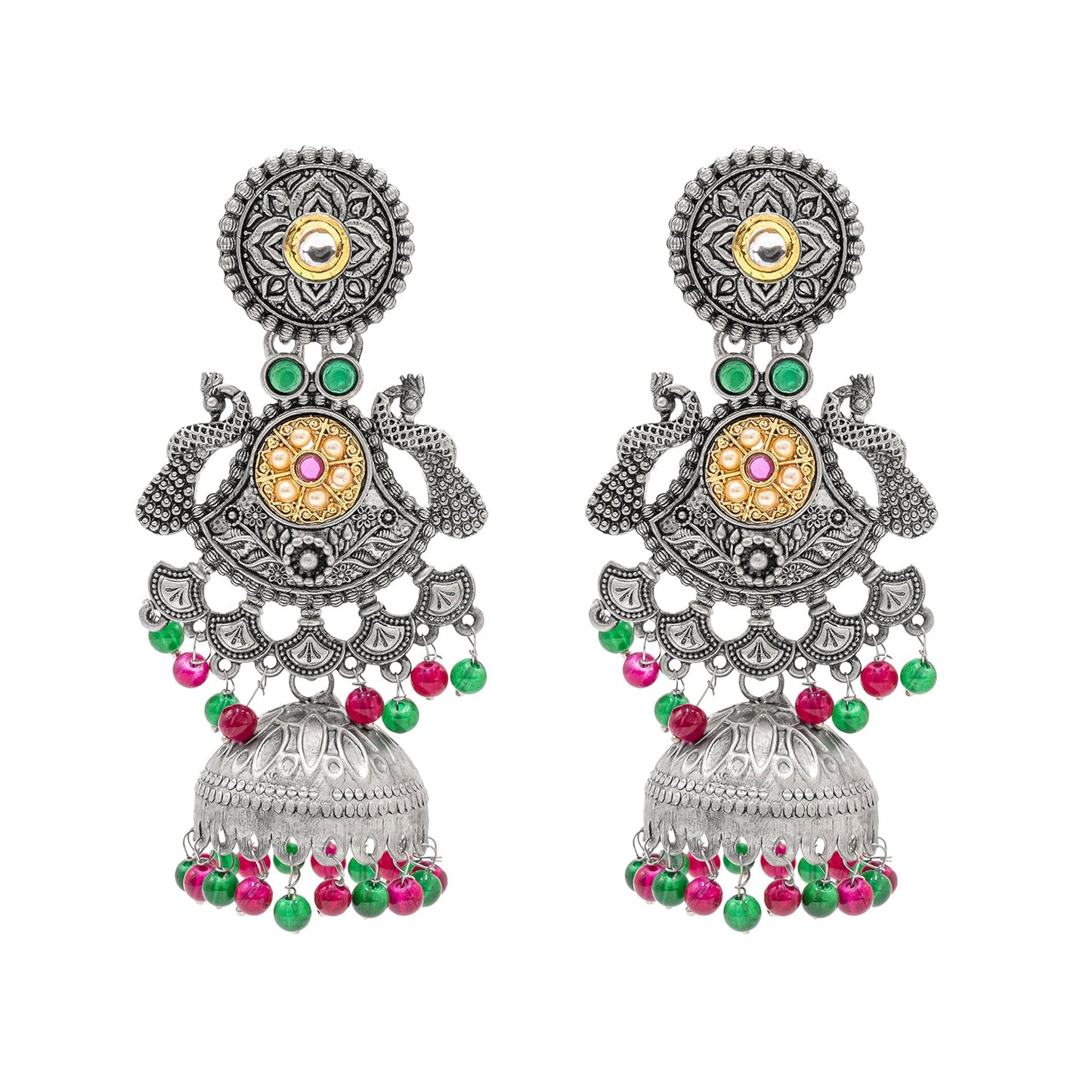 Traditional Indian Antique Oxidised Oxidized Silver CZ, Studded Drop Dangle Pearl Oversized Jhumka Jhumki Earrings for women (SJE_298_S_RG)