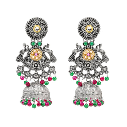 Traditional Indian Antique Oxidised Oxidized Silver CZ, Studded Drop Dangle Pearl Oversized Jhumka Jhumki Earrings for women (SJE_298_S_RG)