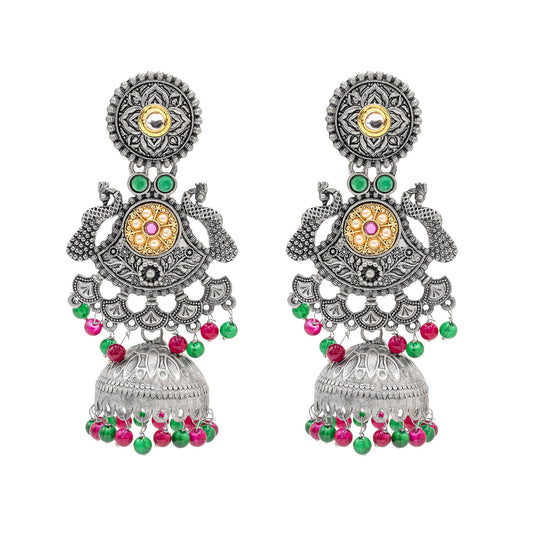 Traditional Indian Antique Oxidised Oxidized Silver CZ, Studded Drop Dangle Pearl Oversized Jhumka Jhumki Earrings for women (SJE_298_S_RG)