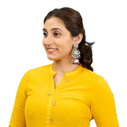 Traditional Indian Antique Oxidised Oxidized Silver CZ, Studded Drop Dangle Pearl Oversized Jhumka Jhumki Earrings for women (SJE_298_S_RG)