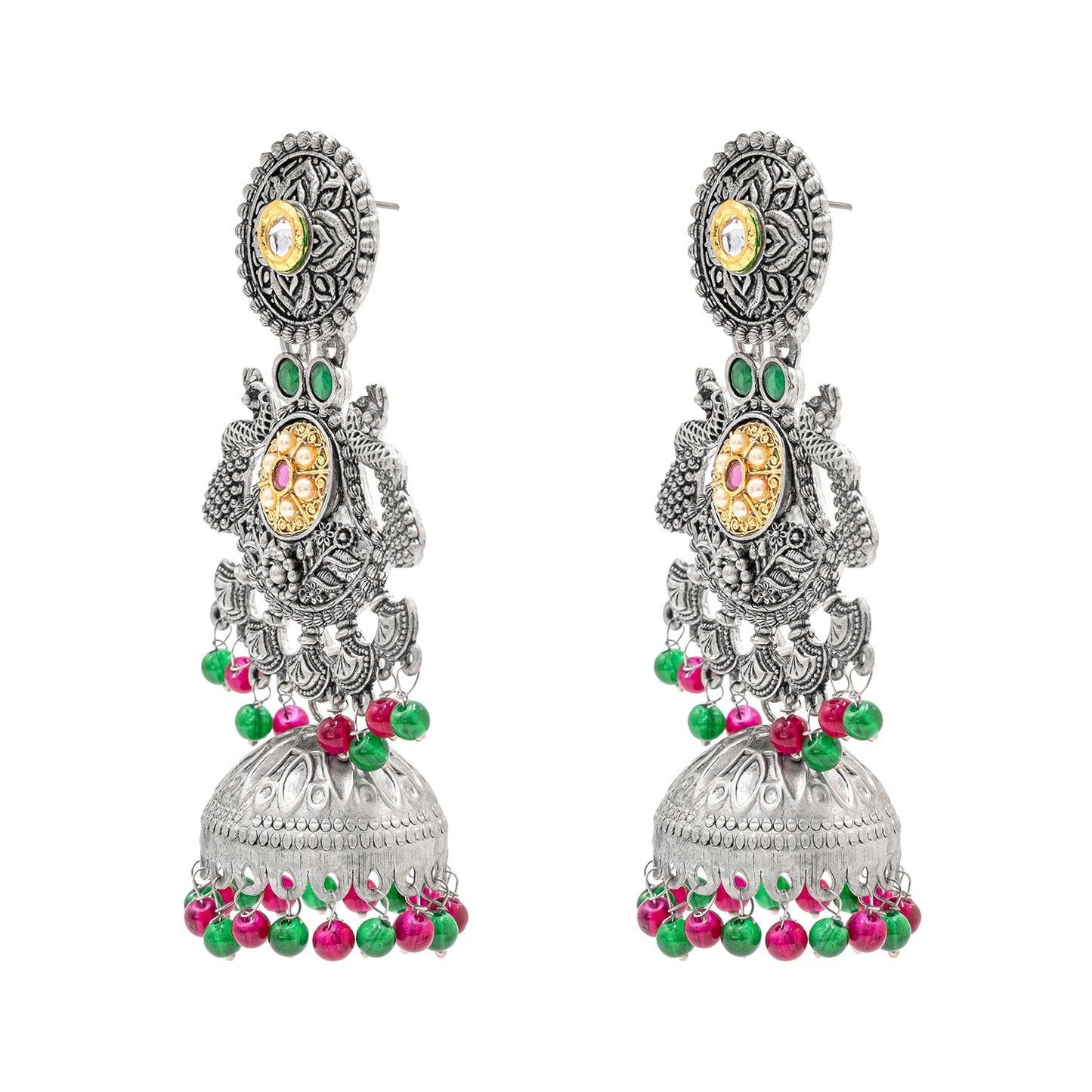 Traditional Indian Antique Oxidised Oxidized Silver CZ, Studded Drop Dangle Pearl Oversized Jhumka Jhumki Earrings for women (SJE_298_S_RG)