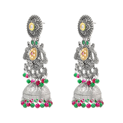 Traditional Indian Antique Oxidised Oxidized Silver CZ, Studded Drop Dangle Pearl Oversized Jhumka Jhumki Earrings for women (SJE_298_S_RG)