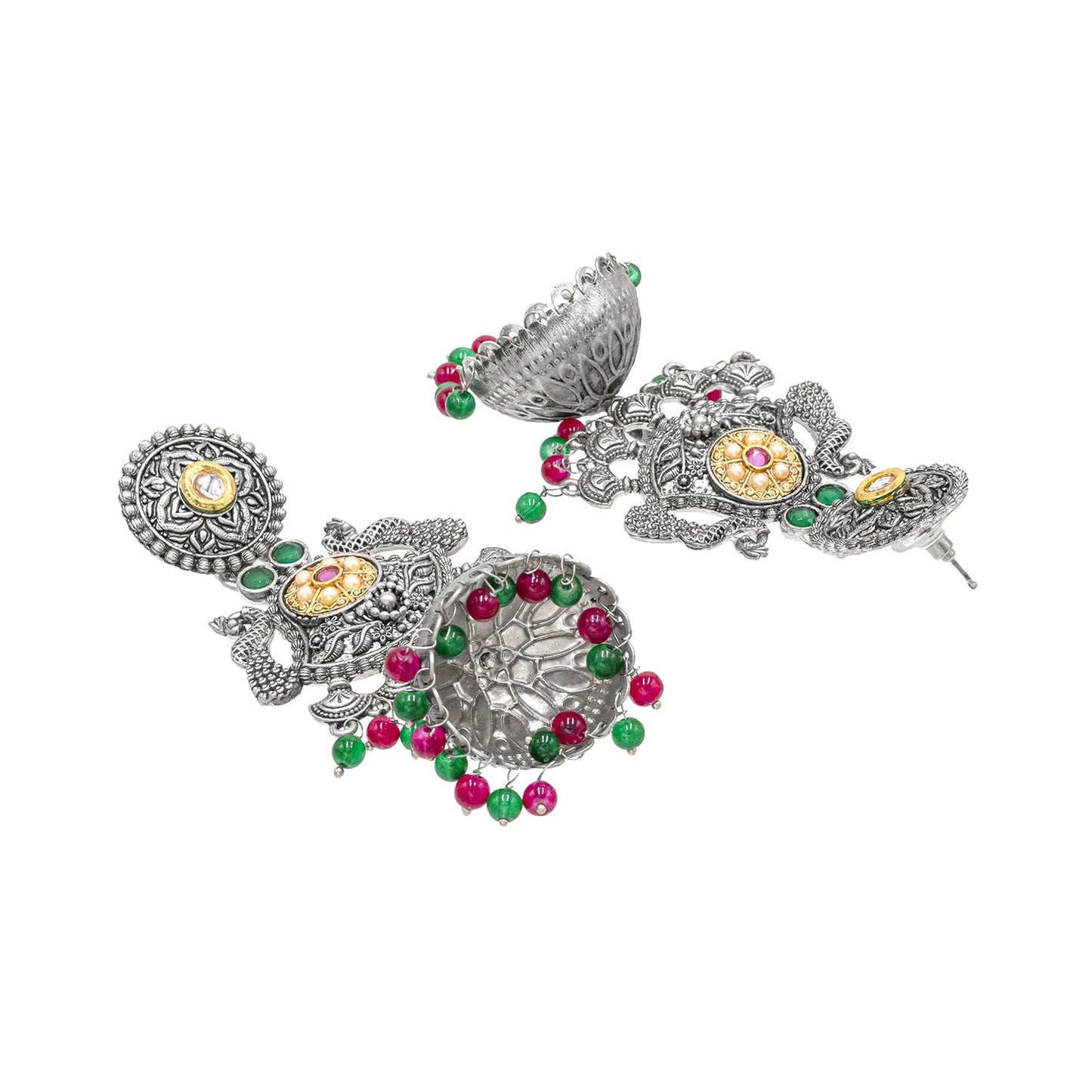 Traditional Indian Antique Oxidised Oxidized Silver CZ, Studded Drop Dangle Pearl Oversized Jhumka Jhumki Earrings for women (SJE_298_S_RG)
