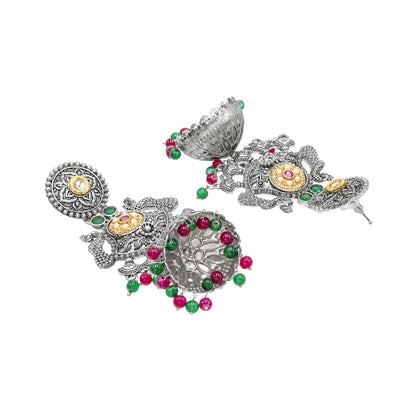 Traditional Indian Antique Oxidised Oxidized Silver CZ, Studded Drop Dangle Pearl Oversized Jhumka Jhumki Earrings for women (SJE_298_S_RG)