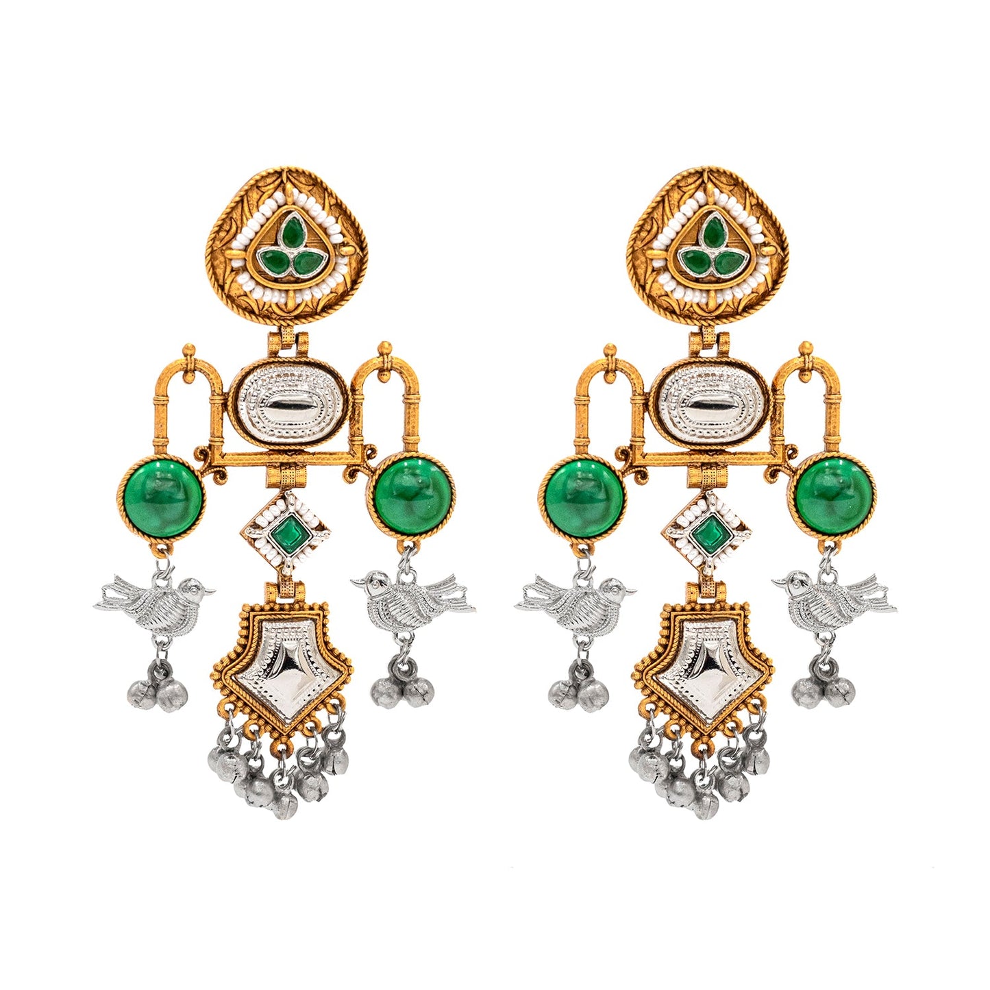 Traditional Indian Matte Dual Tone Plated CZ, Pearl & Bird Studded Drop Oversized Dagnle Earring For Women (SJE_299_G_G)