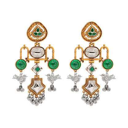 Traditional Indian Matte Dual Tone Plated CZ, Pearl & Bird Studded Drop Oversized Dagnle Earring For Women (SJE_299_G_G)