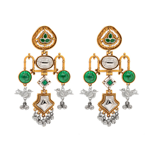 Traditional Indian Matte Dual Tone Plated CZ, Pearl & Bird Studded Drop Oversized Dagnle Earring For Women (SJE_299_G_G)