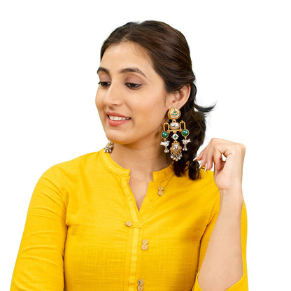 Traditional Indian Matte Dual Tone Plated CZ, Pearl & Bird Studded Drop Oversized Dagnle Earring For Women (SJE_299_G_G)