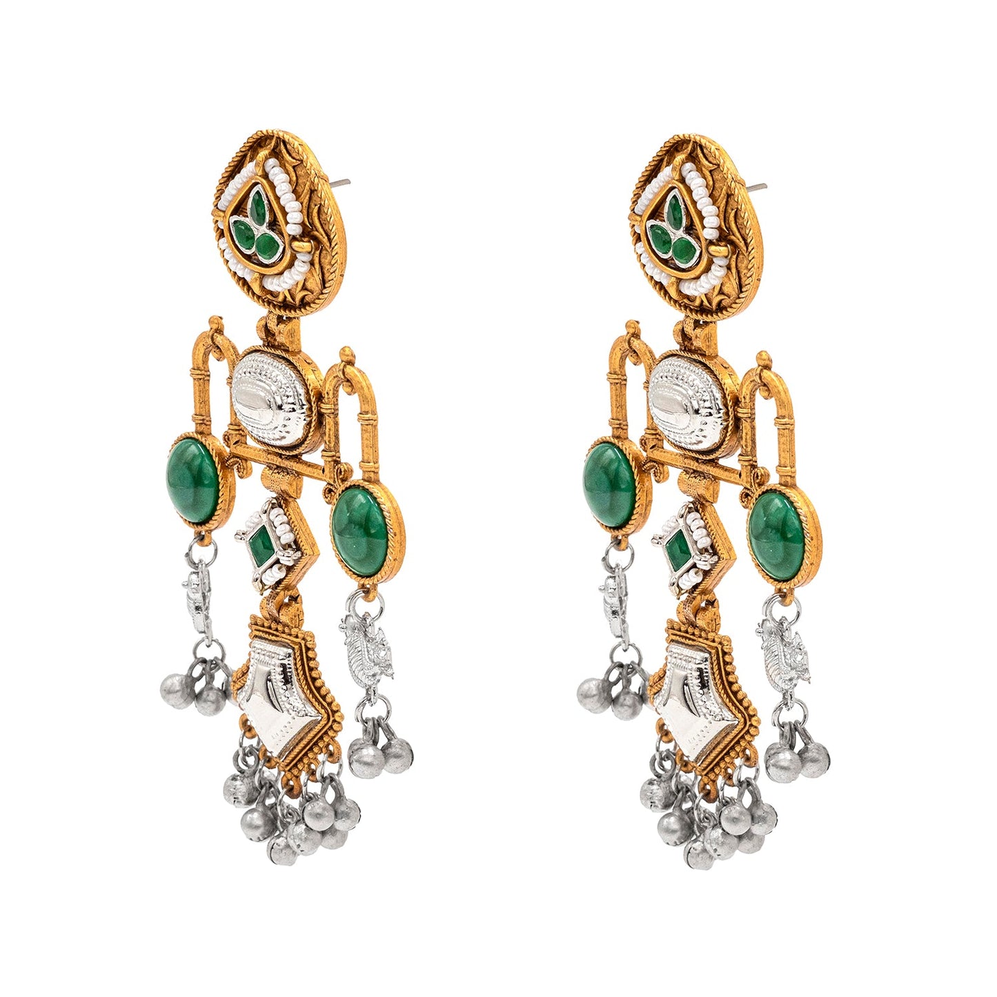 Traditional Indian Matte Dual Tone Plated CZ, Pearl & Bird Studded Drop Oversized Dagnle Earring For Women (SJE_299_G_G)