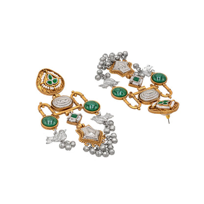 Traditional Indian Matte Dual Tone Plated CZ, Pearl & Bird Studded Drop Oversized Dagnle Earring For Women (SJE_299_G_G)
