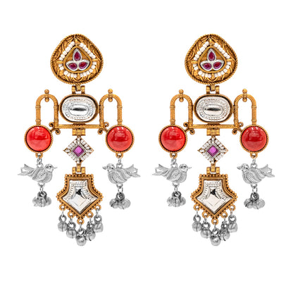 Traditional Indian Matte Dual Tone Plated CZ, Pearl & Bird Studded Drop Oversized Dagnle Earring For Women (SJE_299_G_M)