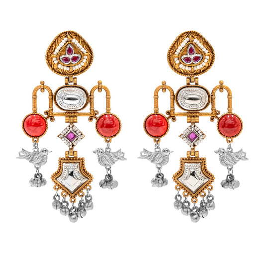 Traditional Indian Matte Dual Tone Plated CZ, Pearl & Bird Studded Drop Oversized Dagnle Earring For Women (SJE_299_G_M)