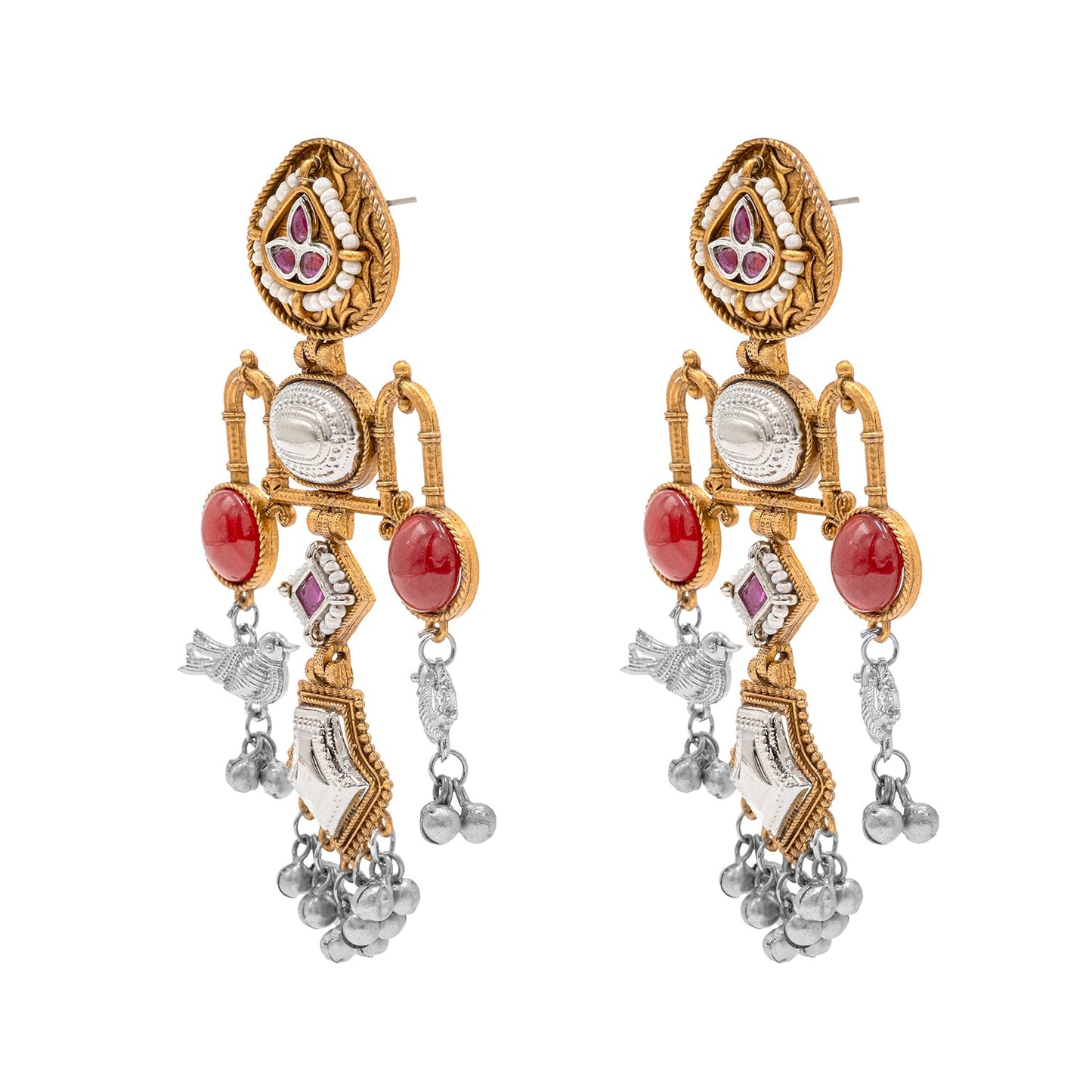Traditional Indian Matte Dual Tone Plated CZ, Pearl & Bird Studded Drop Oversized Dagnle Earring For Women (SJE_299_G_M)