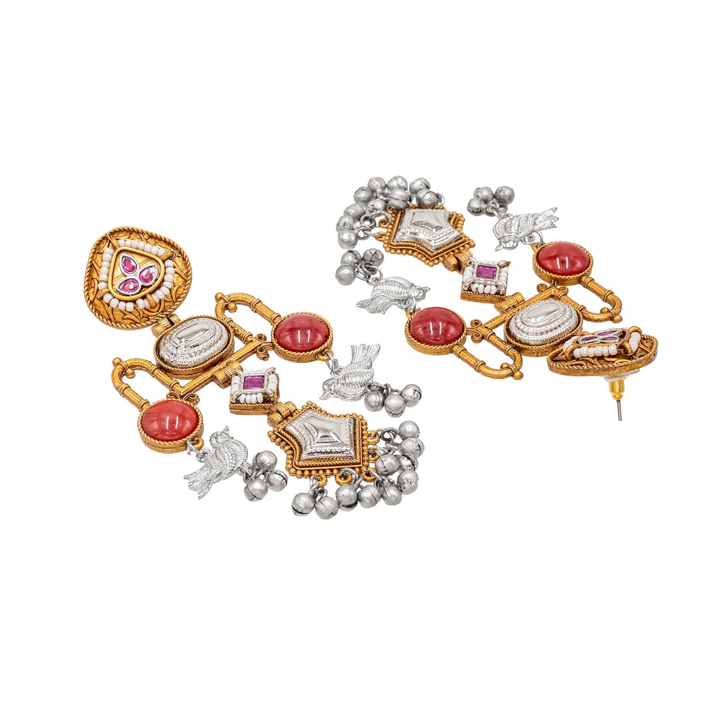 Traditional Indian Matte Dual Tone Plated CZ, Pearl & Bird Studded Drop Oversized Dagnle Earring For Women (SJE_299_G_M)