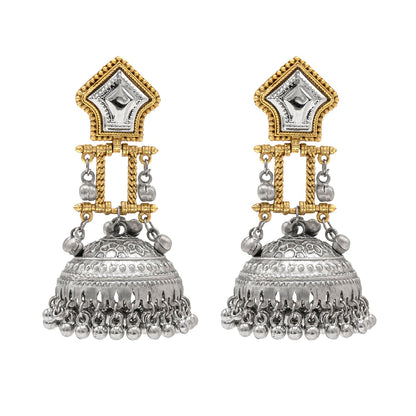 Traditional Indian Dual Tone Plated CZ, Studded Drop Dangle Pearl Oversized Jhumka Jhumki Earrings for women (SJE_300_S)