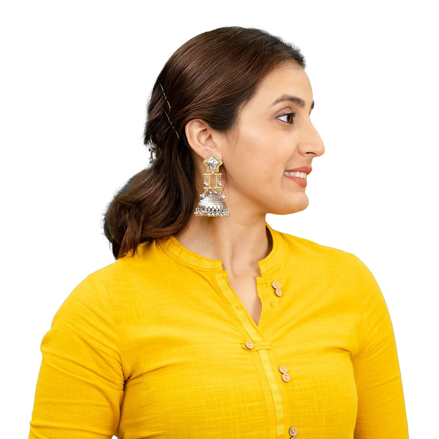 Traditional Indian Dual Tone Plated CZ, Studded Drop Dangle Pearl Oversized Jhumka Jhumki Earrings for women (SJE_300_S)