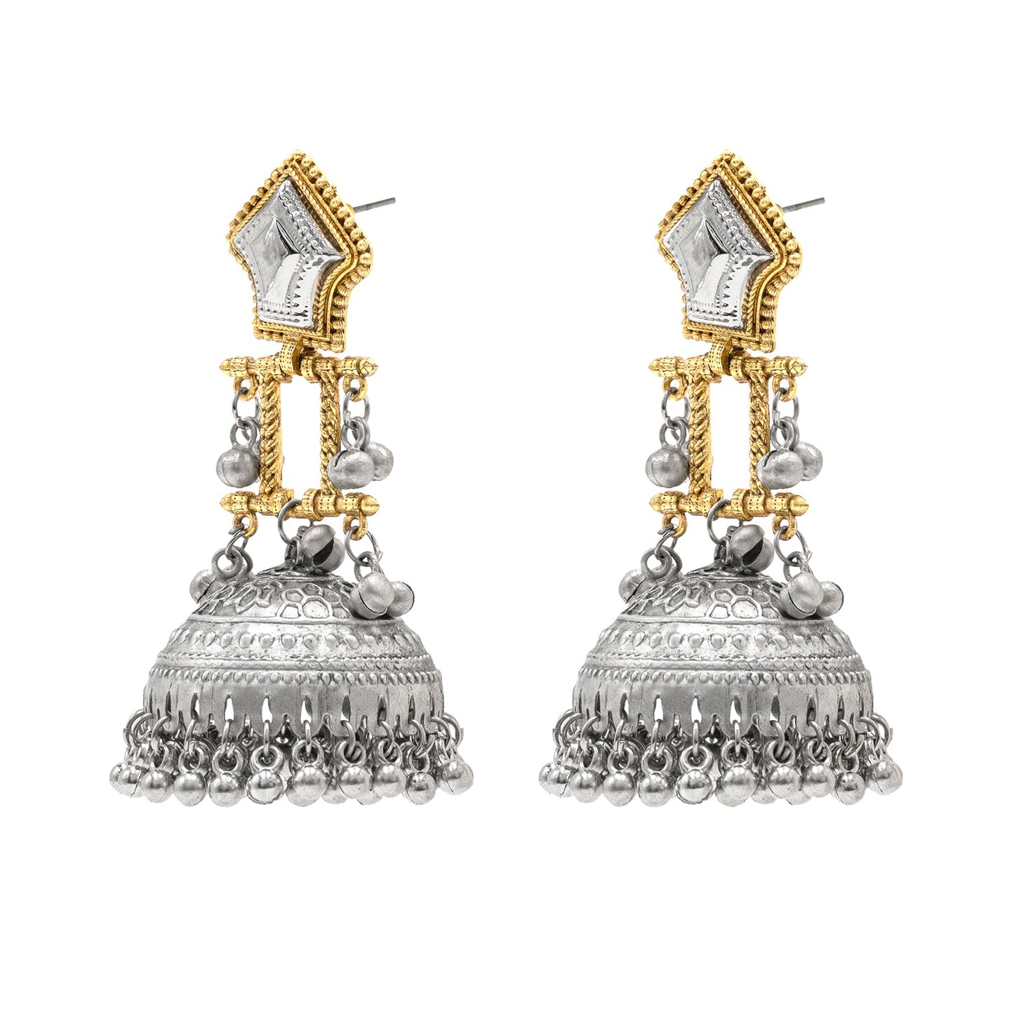 Traditional Indian Dual Tone Plated CZ, Studded Drop Dangle Pearl Oversized Jhumka Jhumki Earrings for women (SJE_300_S)