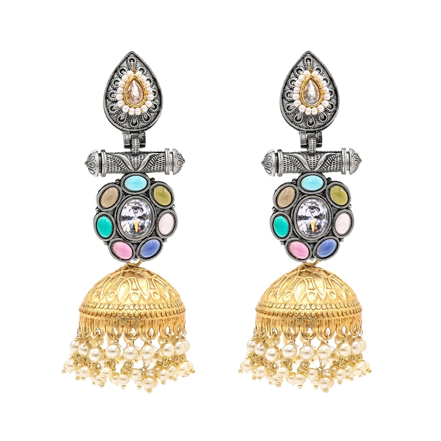 Traditional Indian Matte Dual Two Tone Plated Navaratna Stone CZ, Pearl Studded Big Sized Jhumka Earring For Women (SJE_301)