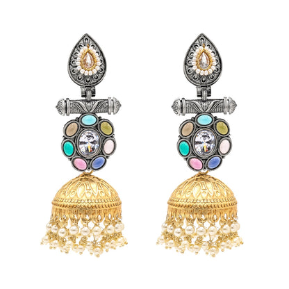 Traditional Indian Matte Dual Two Tone Plated Navaratna Stone CZ, Pearl Studded Big Sized Jhumka Earring For Women (SJE_301)