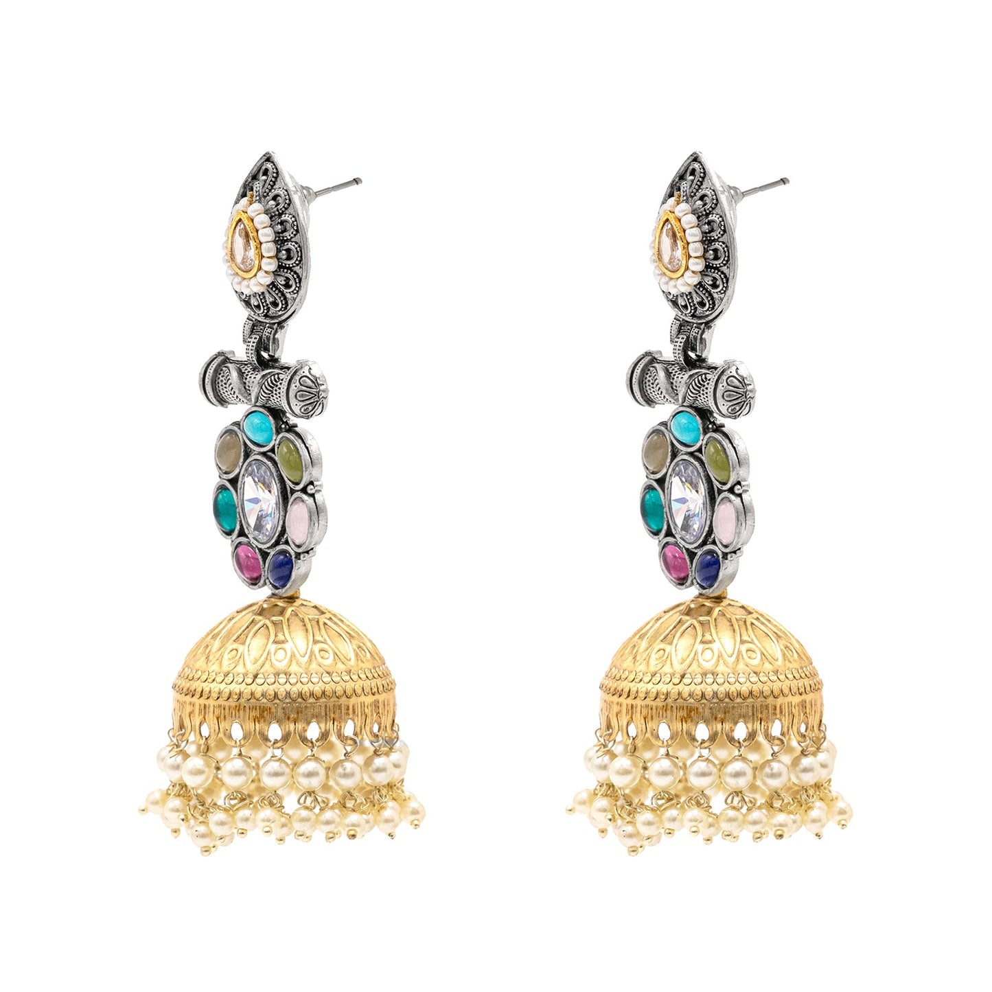 Traditional Indian Matte Dual Two Tone Plated Navaratna Stone CZ, Pearl Studded Big Sized Jhumka Earring For Women (SJE_301)