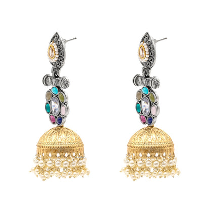 Traditional Indian Matte Dual Two Tone Plated Navaratna Stone CZ, Pearl Studded Big Sized Jhumka Earring For Women (SJE_301)